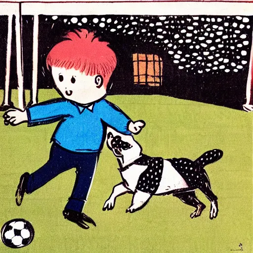 Image similar to illustration of french boy in paris playing football against a corgi, the dog is wearing a polka dot scarf, comic, 1 9 6 2