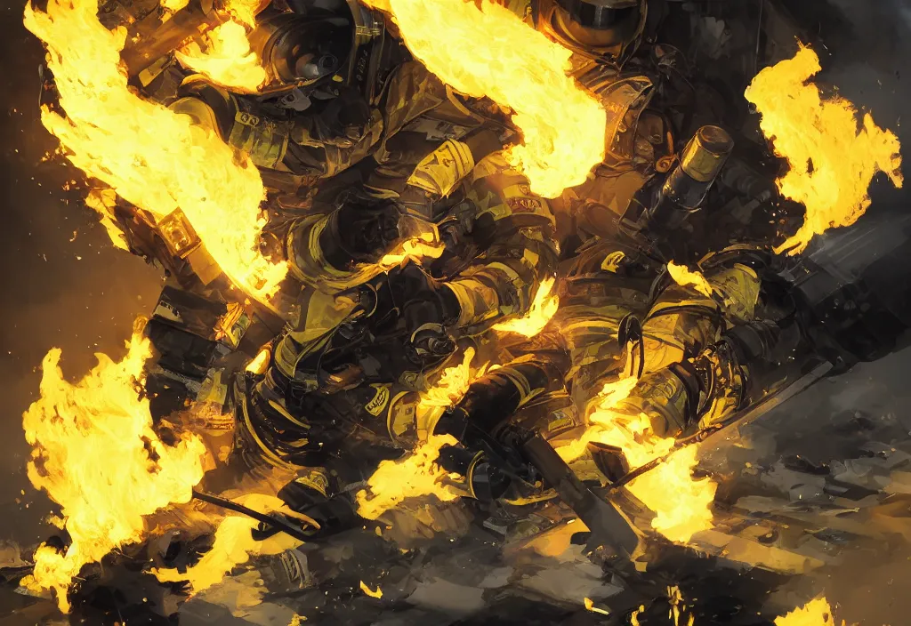 Image similar to heroic firefighter in action in black and yellow uniform, fire flames, sharp details, sharp focus, elegant, highly detailed, illustration, by jordan grimmer and greg rutkowski and pine ( ハイネ ) and 薯 子 imoko and 香 川 悠 作 and wlop and maya takamura, intricate