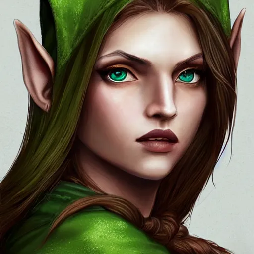 Prompt: portrait, 30 years old women :: fantasy elf :: amber eyes, long straight darkblond hair :: attractive, symmetric face :: green and brown medieval cloting, natural materials :: high detail, digital art, RPG, concept art, illustration