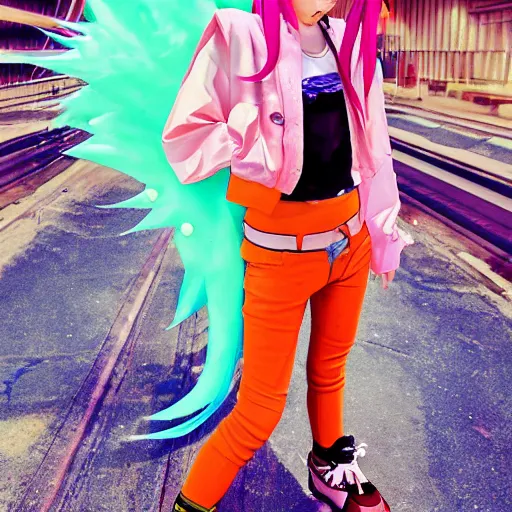 Image similar to anime girl with eccentric clothes, long spiky pink hair, cel - shading, 2 0 0 1 anime, flcl, jet set radio future, golden hour, underground facility, underground tunnel, pipes, rollerbladers, rollerskaters, cel - shaded, jsrf, strong shadows, vivid hues, y 2 k aesthetic