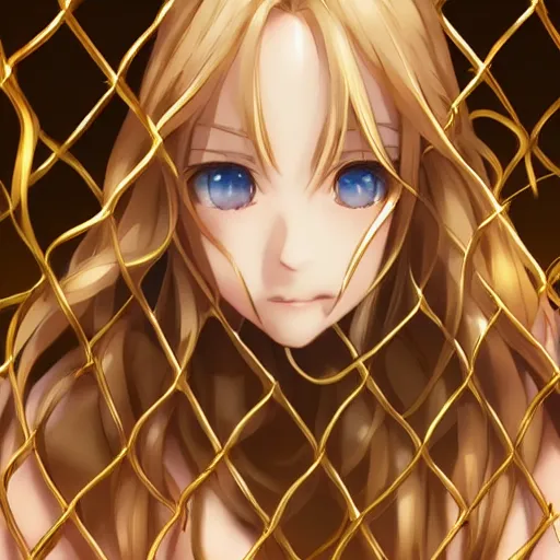 Image similar to a very beautiful young yuuki asuna, full body, long wavy blond hair, sky blue eyes, full round face,, shiny golden bikini, miniskirt, front shot, locked in a bright prison cell, highly detailed, cinematic wallpaper by stanley artgerm lau
