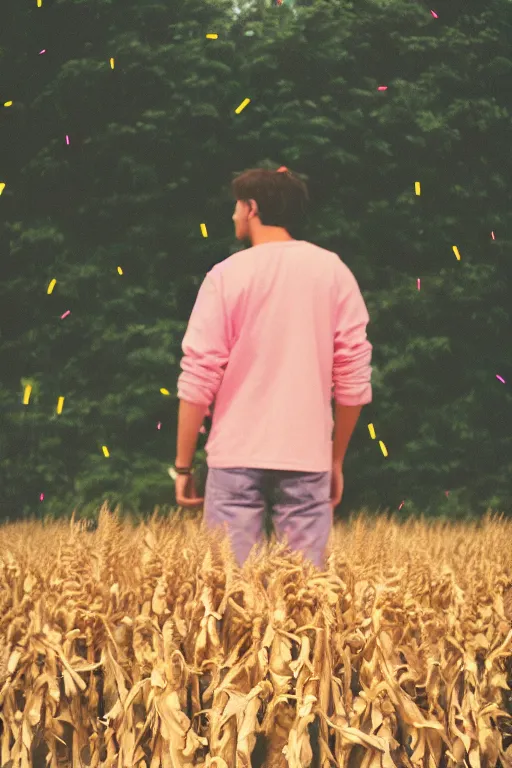 Prompt: kodak ultramax 4 0 0 photograph of a guy standing in a field of corn, back view, pink shirt, disco ball, grain, faded effect, vintage aesthetic, vaporwave colors,