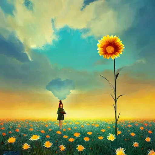 Image similar to girl with a giant daisy head, surreal photography, flower field, sunset dramatic light, impressionist painting, colorful clouds, blue sky, digital painting, artstation, simon stalenhag