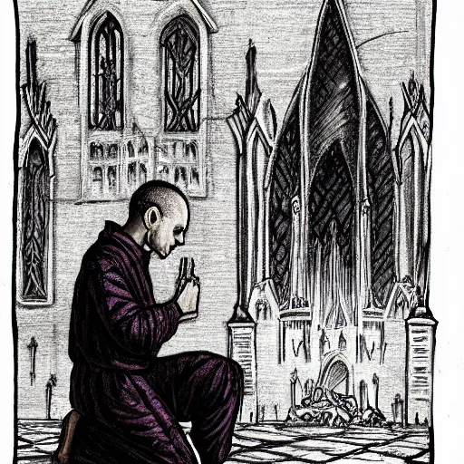 Prompt: priest on knees in front of burning church, gothic art, color, emotional, sad, dramatic, detailed