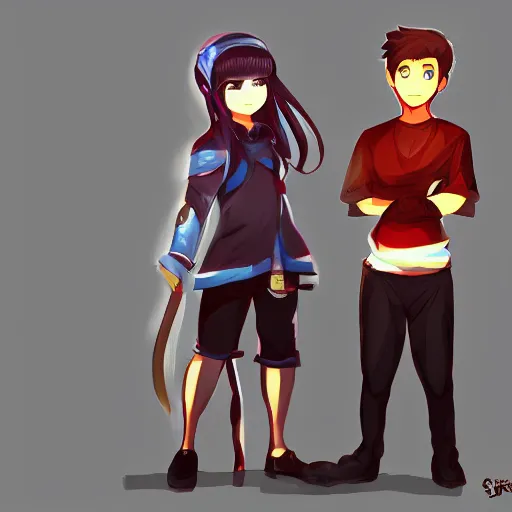 Prompt: a couple of people standing next to each other, concept art by Puru, featured on pixiv, sots art, 2d game art, speedpainting, concept art