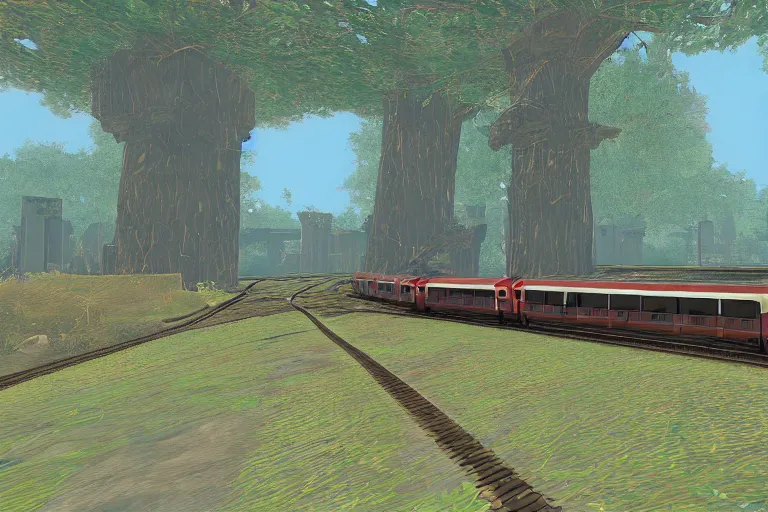 Prompt: dc wmata metro 5 0 0 series train in botw, breath of the wild screenshot
