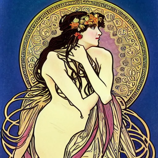 Prompt: persephone as godess of deth, painted by alphonse mucha