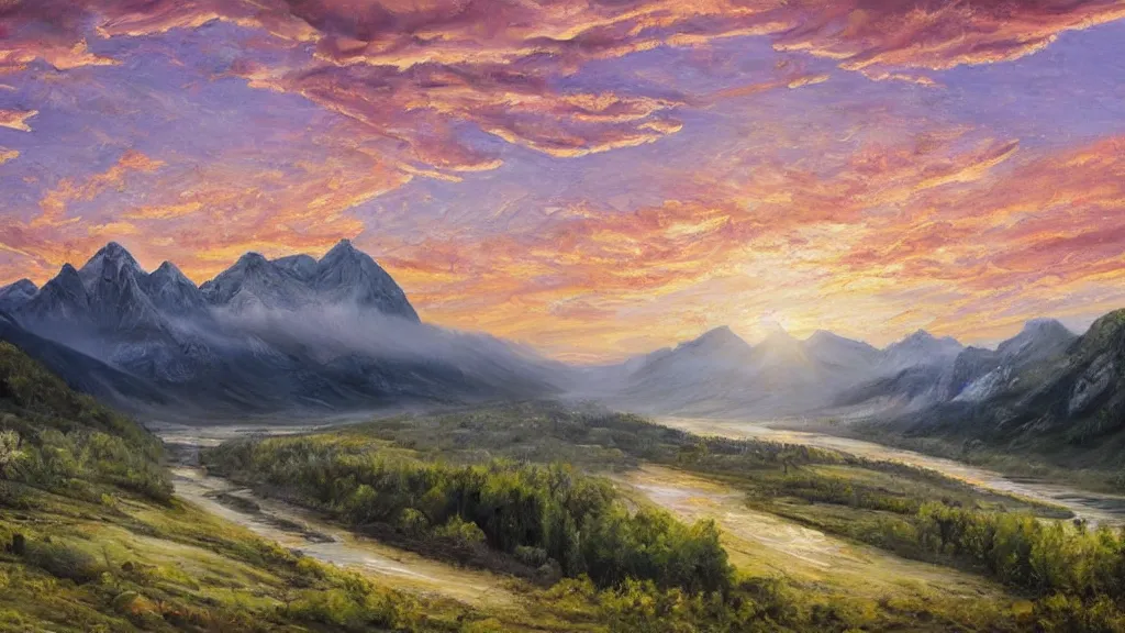 Image similar to The most beautiful panoramic landscape, oil painting, where the mountains are towering over the valley below their peaks shrouded in mist. An enormous flock of birds is coming, The sun is just peeking over the horizon producing an awesome flare and the sky is ablaze with warm colors and stratus clouds. The river is winding its way through the valley and the trees are starting to turn yellow and red, by Greg Rutkowski, aerial view