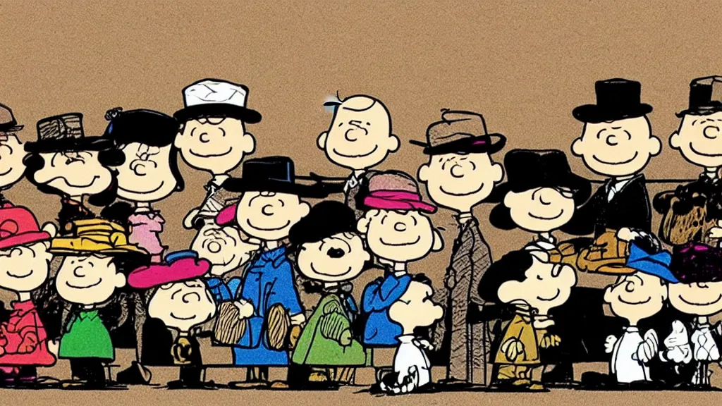 Image similar to the peanuts dressed like the peaky blinders