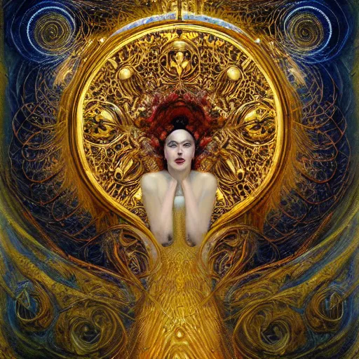 Prompt: Divine Chaos Engine by Karol Bak, Jean Deville, Gustav Klimt, and Vincent Van Gogh, celestial, visionary, sacred, fractal structures, ornate realistic gilded medieval icon, spirals, mystical