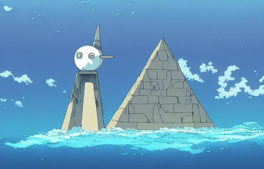 Image similar to a realistic studio ghibli cell shaded cartoon showing a submarine swimming in front of a white pyramid underwater at the bottom of the sea. shafts of sunlight come from above. wide shot, very dull muted colors, hd, 4 k, hq