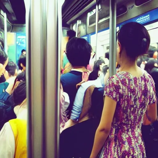 Image similar to a beautiful asian girl with backless dress in a crowded subway train, instagram photo