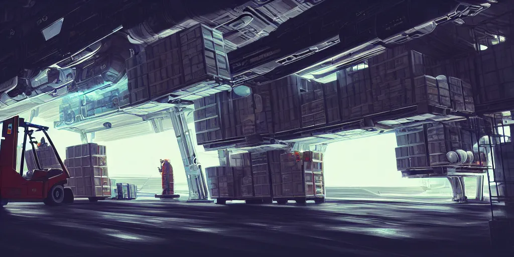Prompt: sci - fi forklift loading cargo inside a pristine space station cargo bay, digital art, trending on artstation, 4 k, focus on forklift, high detail