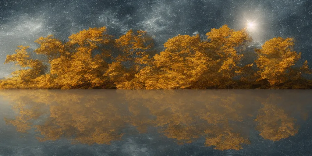 Image similar to Old oak shining with a delicate glow with golden leaves and silver bark standing on a lonely island in the middle of a lake 8k resolution artwork matte painting