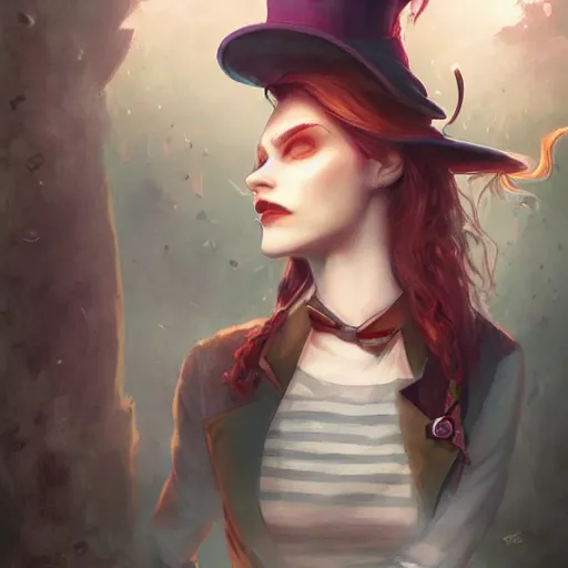 Image similar to realistic, full body portrait, alt female, mad hatter, style of by Jordan Grimmer and greg rutkowski, crisp lines and color,