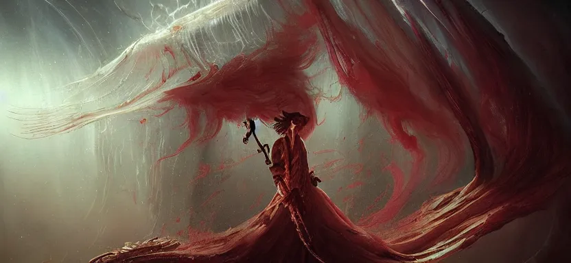 Prompt: sacred dead man, dark epic, red sea, magic sword, magic light, ghosts, acanthus scroll, ceremonial clouds, dripping paint, fibonacci rhythm, artstation, art germ, wlop, karol bak, christopher balaskas, ross tran