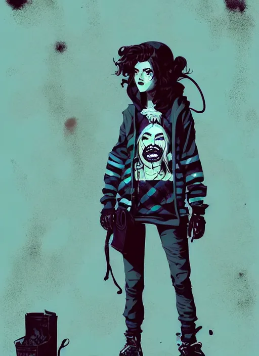 Image similar to highly detailed portrait of a sewer punk lady, tartan hoody, ringlet hair by atey ghailan, by greg rutkowski, by greg tocchini, by james gilleard, by joe fenton, by kaethe butcher, gradient light blue, black, cream and white color scheme, grunge aesthetic!!! ( ( graffiti tag wall background ) )