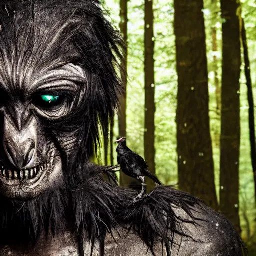 Image similar to !! werecreature consisting of male human and crow, photograph captured in a forest