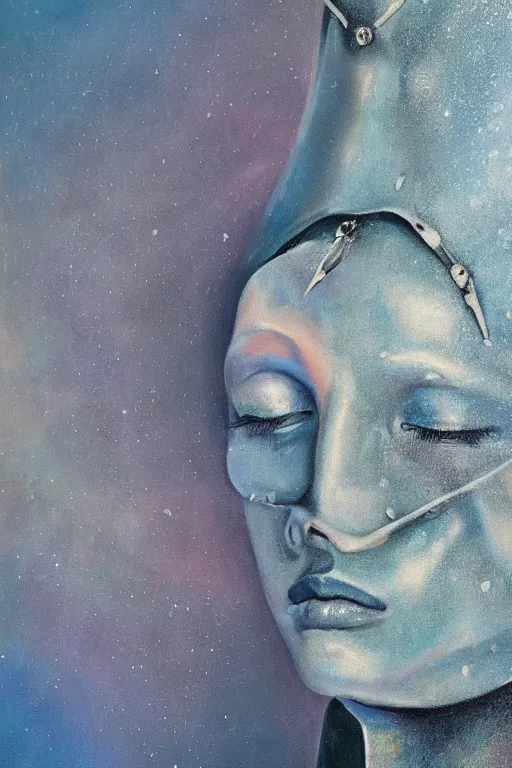 Image similar to hyperrealism oil painting, close - up portrait of face hiding in stingray medieval fashion model, knight, steel gradient mixed with nebula sky, in style of baroque mixed with 7 0 s book art