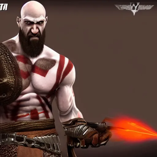 Prompt: kratos wearing agent 47 suit holding 2 desert eagle