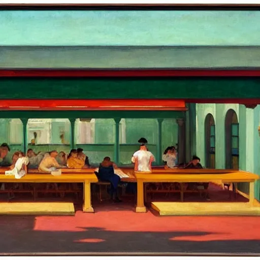 Image similar to A hawker centre painted by Edward Hopper
