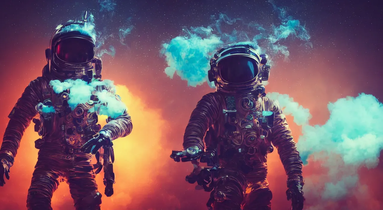 Image similar to a man in a space suit with a smoke bomb in his hand, cyberpunk art by mike winkelmann, shutterstock contest winner, space art, darksynth, retrowave, synthwave