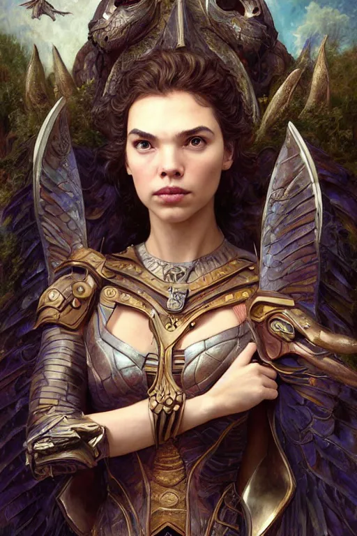 Image similar to Mystical Valkyrie, Gal Gadot, hybrid, Anya Taylor-Joy, Portrait of a beautiful female Reptilian warrior, Regal, Realistic, Refined, Detailed Digital Art, Josephine wall, Oil Painting, William-Adolphe Bouguereau, Art Frahm, Esao Andrews, Steampunk, Walt Disney (1937), Highly Detailed, Cinematic Lighting, Unreal Engine, 8k, HD