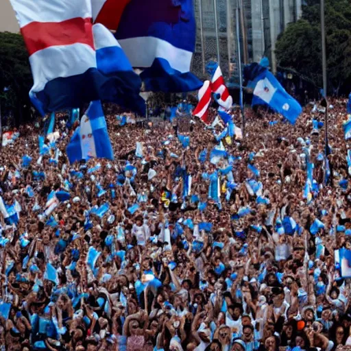 Image similar to Lady Gaga as president, Argentina presidential rally, Argentine flags behind, bokeh, giving a speech, detailed face, Argentina