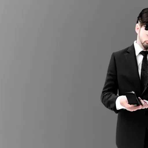 Image similar to man in a black suit, holding a very advance phone, photorealistic, realistic, dramatic, cinematic, cinematic, photography, sci fi