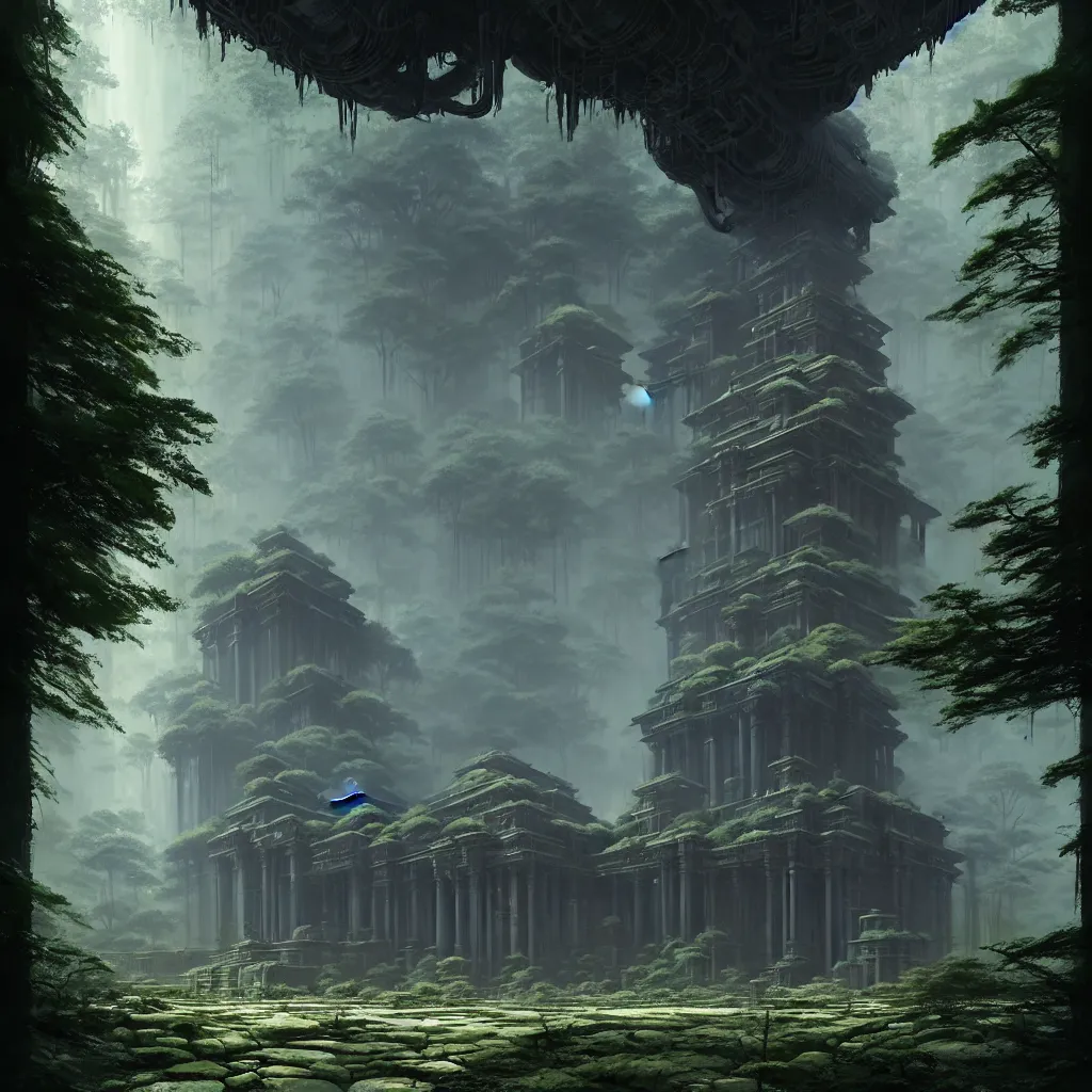 Image similar to detailed sci - fi concept art of a detailed ancient temple in an overgrown forest, depth of field, unreal engine, artstation, award - winning realistic sci - fi concept art by greg rutkowski and yoshitaka amano, in the style of james gurney.