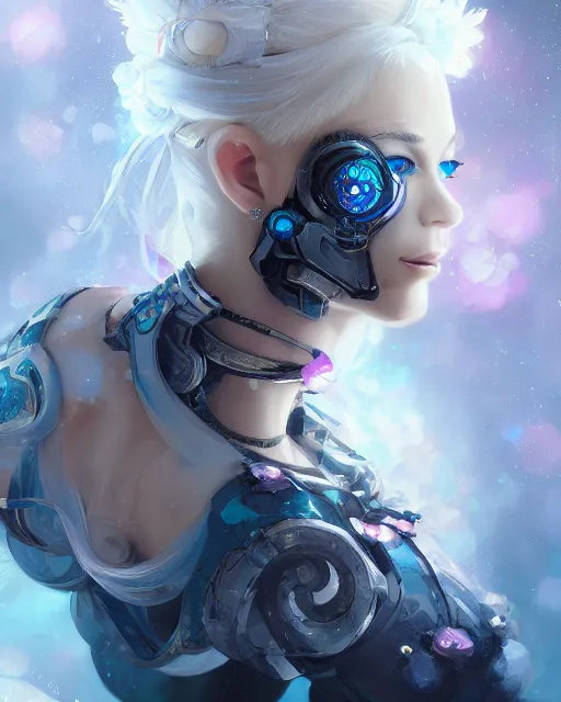 Image similar to cyborg girl with white hair and black skirt, flower decorations, dreamy, beautiful illustration, scifi, radiant, atmosphere, harmony, top lighting, blue eyes, focused, perfect composition, artstation, highly detailed, art by yuhong ding and chengwei pan and serafleur and ina wong