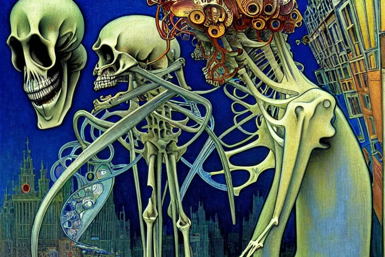 Image similar to realistic detailed closeup portrait painting of a single skeleton wearing a cape in a crowded futuristic moscow street by Jean Delville, Amano, Yves Tanguy, Alphonse Mucha, Ernst Haeckel, Edward Robert Hughes, Roger Dean, rich moody colours, blue eyes