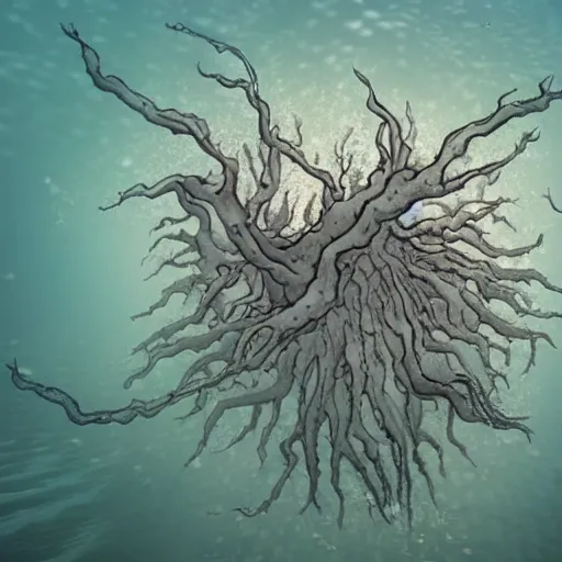 Image similar to dendritic hyperdimensional monster emerging from sea surface, but monster is dendritic