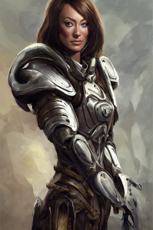 Image similar to a professional painting of a young Olivia Wilde, clothes in military armor, olive skin, long dark hair, beautiful bone structure, symmetrical facial features, intricate, elegant, digital painting, concept art, smooth, sharp focus, illustration, from StarCraft by Ruan Jia and Mandy Jurgens and Artgerm and William-Adolphe Bouguerea