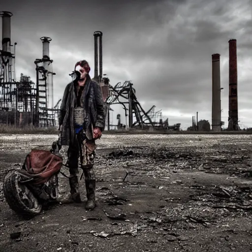 Image similar to post - apocalyptic wasteland wanderer, abandoned steelworks, steelpunk,