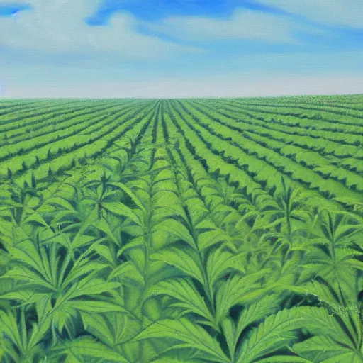 Image similar to vast garden of marijuana reaching to the horizon, painting