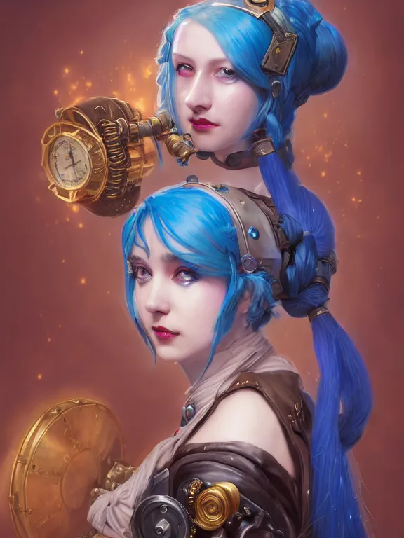 Image similar to a League of Legends FAN ART Portrait of crazy JINX , blue hair, long pigtail, steampunk,neuroticism,intricate, elegant, highly detailed, digital painting, concept art, smooth, sharp focus, illustration, by Laurie Greasley,Lawrence Alma-Tadema,Dan Mumford,artstation,deviantart,Unreal Engine,face enhance,8K,golden ratio,cinematic lighting