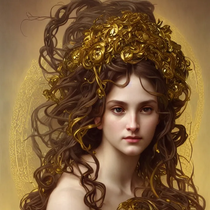 Prompt: neoclassical portrait of gaea goddess with thin gold tendrils, intricate, elegant, highly detailed, wonderful eyes, sweet, digital painting, artstation, concept art, smooth, sharp focus, illustration, art by artgerm and greg rutkowski and alphonse mucha and william - adolphe bouguereau