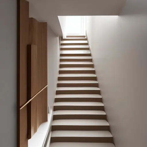 Image similar to liminal space beige and light brown and white colors, minimalistic, interior design, stairs