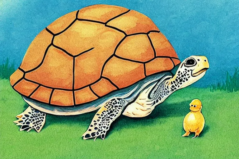 Image similar to turtle and chick, children's book illustration, beautiful