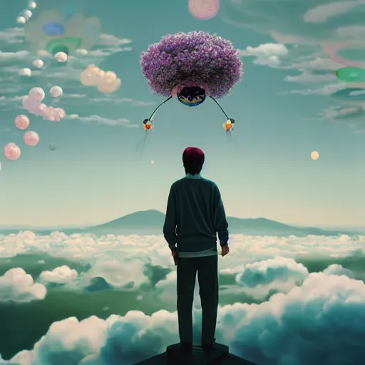 Image similar to a man walking on clouds away from the camera above kyoto by takashi murakami, beeple and james jean, aya takano color style, 4 k, super detailed, modern, 4 k, symmetrical