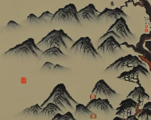 Image similar to a beautiful painting of a buddhist temple in a serene landscape, traditional chinese painting,