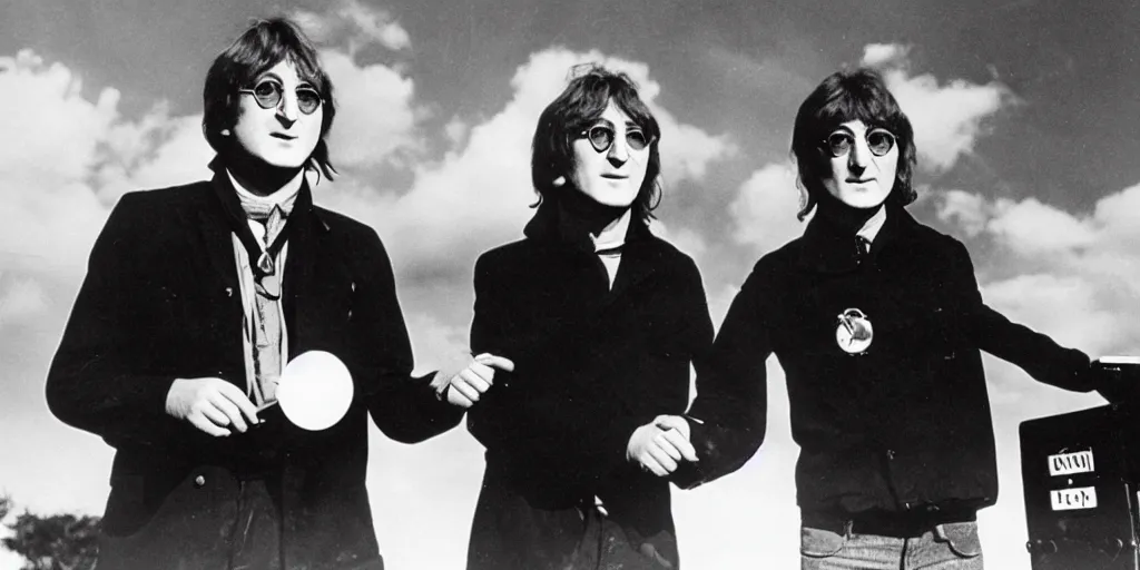 Image similar to John Lennon & Tesla working together ufo technology, black & white photograph