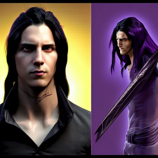 Prompt: An epic fantasy comic book style portrait painting of a young man with straight long black hair lilac eyes. Wearing black spy combat clothes. He is holding knives in both hands. Menacing look. Dark purple energy portal around, born from shadows. Unreal 5, DAZ, hyperrealistic, octane render, cosplay, RPG portrait, dynamic lighting