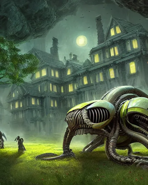 Image similar to xenomorph taxi car in a fantasy village, calming, uplifting mood, ultra realistic, farm, small buildings, highly detailed, atmosphere, masterpiece, epic lighting, elves, green plants, magic, illuminated, 4 k, cinematic, morning sun, art by eddie mendoza and sylvain sarrailh and jonathan berube