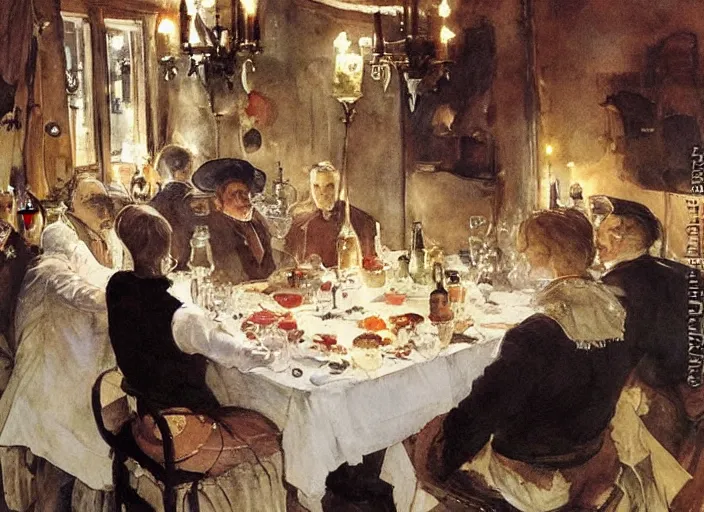 Image similar to gentlemens dinner, cellar, masterpiece, torches on wall, meat, wine, schnapps, watercolor by anders zorn and carl larsson, art nouveau