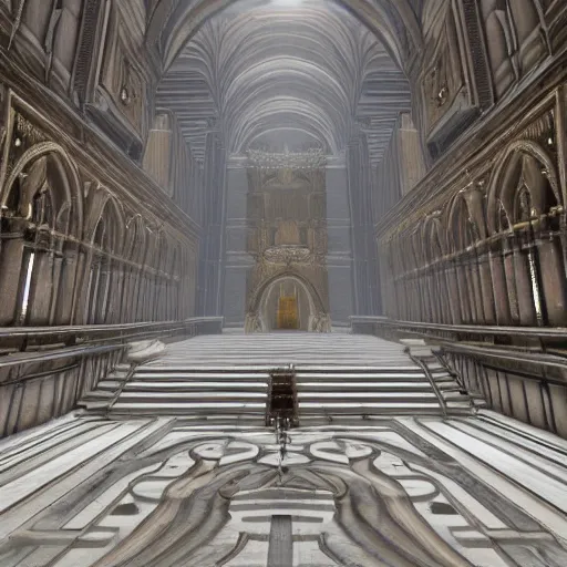 Image similar to the grand halls of anor londo, marble floors, art by kotaro chiba, volumetric lighting, epic composition