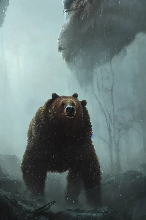 Image similar to a portrait of a cyborg Bear by Greg Rutkowski, Sung Choi, Mitchell Mohrhauser, Maciej Kuciara, Johnson Ting, Maxim Verehin, Peter Konig, final fantasy , mythical, 8k photorealistic, cinematic lighting, HD, high details, atmospheric,