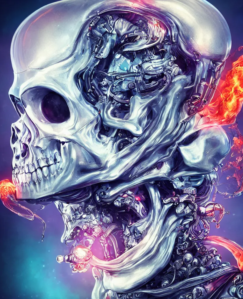 Image similar to close-up macro portrait of the face of a beautiful princess rotten skull in a spaceman suit, epic angle and pose, symmetrical artwork, 3d with depth of field, blurred background, cybernetic jellyfish female face skull phoenix bird, translucent, nautilus, energy flows of water and fire. a highly detailed epic cinematic concept art CG render. made in Maya, Blender and Photoshop, octane render, excellent composition, cinematic dystopian brutalist atmosphere, dynamic dramatic cinematic lighting, aesthetic, very inspirational, arthouse. y Greg Rutkowski, Ilya Kuvshinov, WLOP, Stanley Artgerm Lau, Ruan Jia and Fenghua Zhong