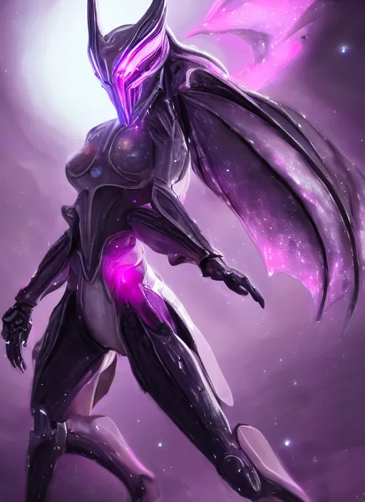 Image similar to cinematic close shot, galactic sized goddess, proportional stunning beautiful hot female warframe, sleek mecha female dragon head, metal ears, led purple eyes, smooth fuschia skin, sleek silver armor, floating in space, holding a galaxy, epic proportions, epic size, epic scale, furry art, dragon art, giantess art, warframe fanart, furaffinity, octane